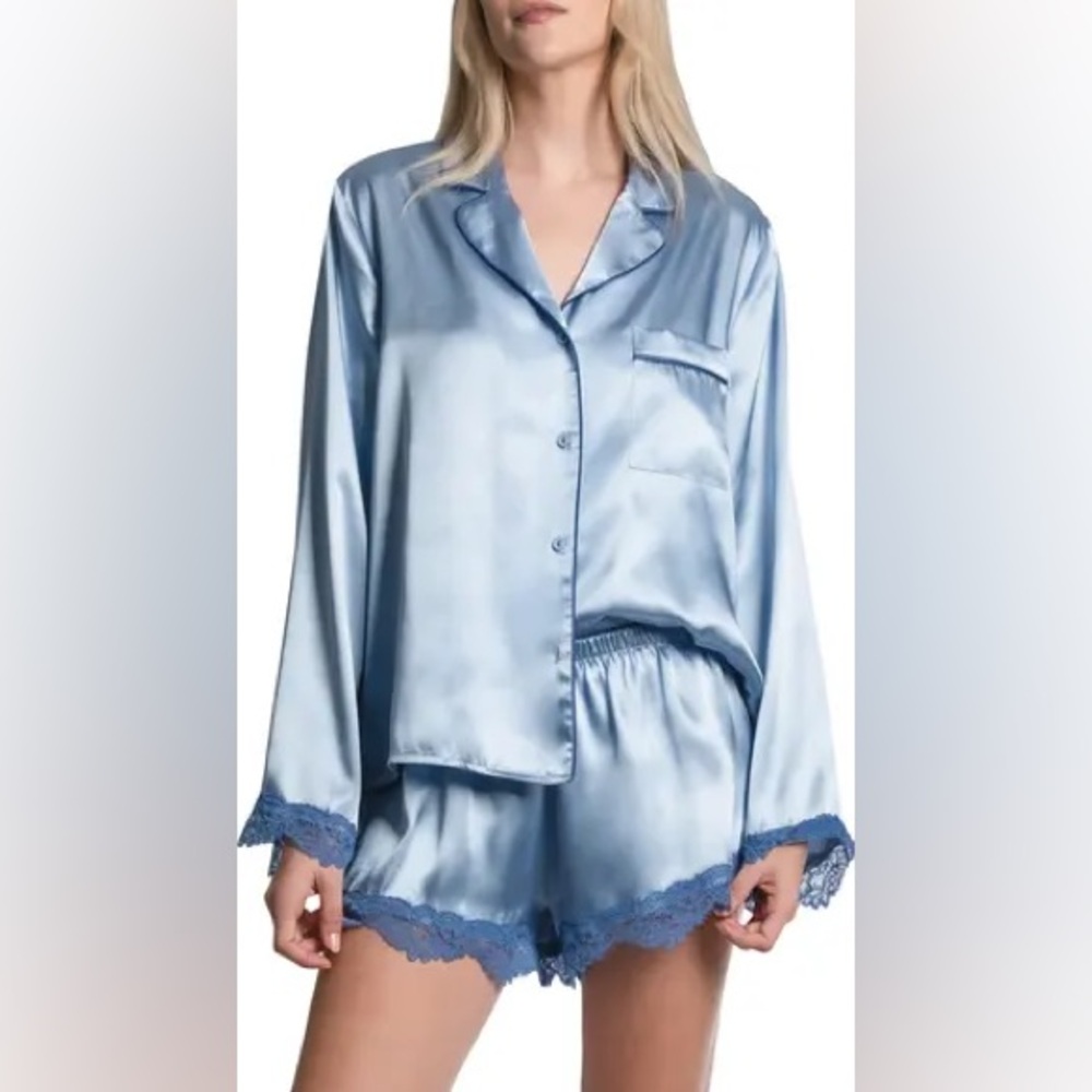In Bloom by Jonquil Felicity Lace Trim Long Sleeve Satin Pajamas Chambray Blue L